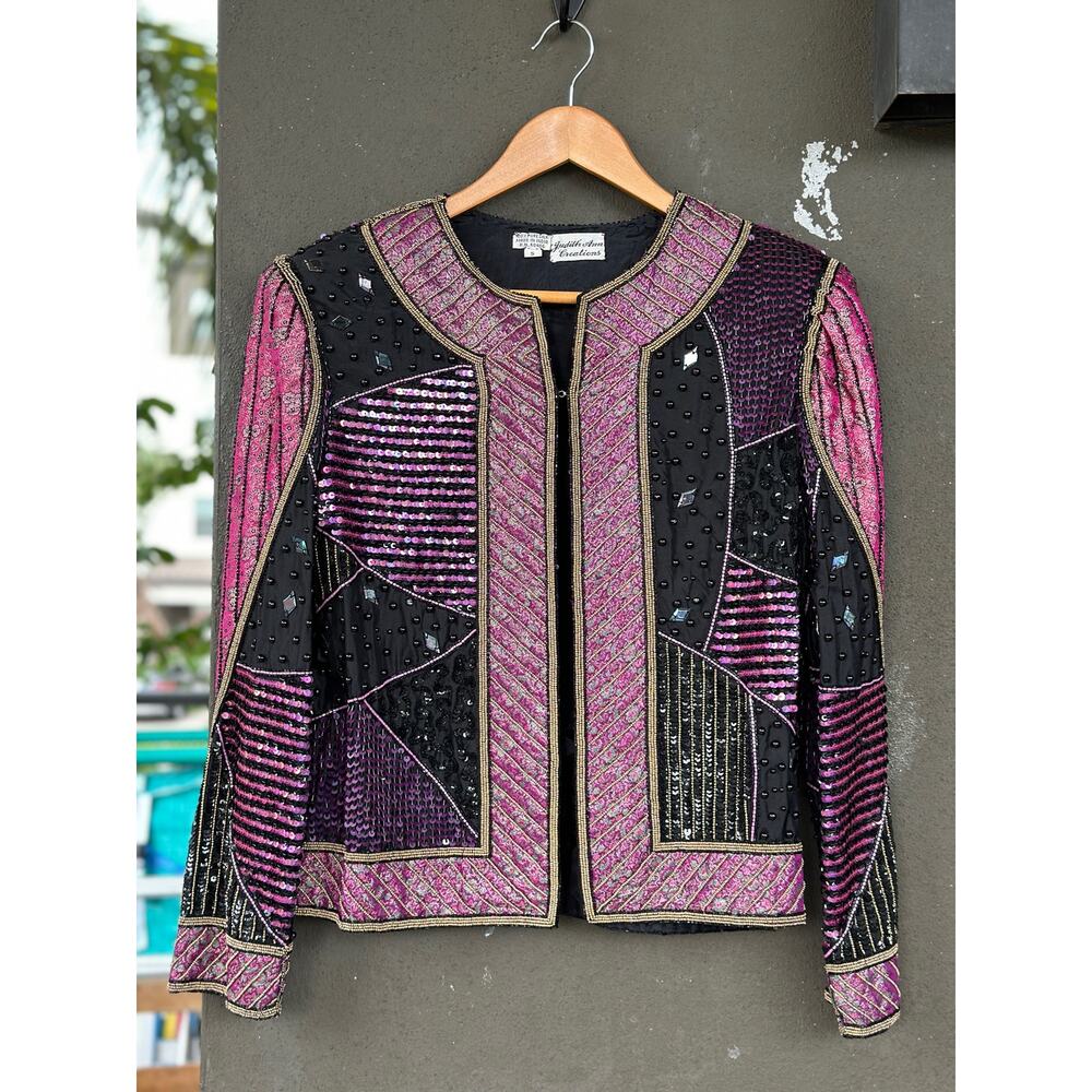 Vintage 80s Judith Ann Creations Multicolor Beaded Sequins Silk Patchwork Jacket - Picture 5 of 14